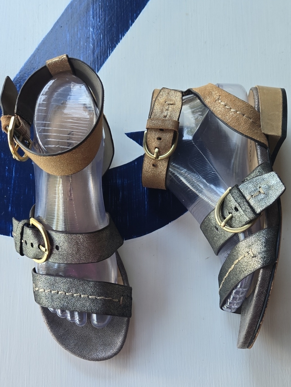 Naked Feet "Zeke" Metallic Silver And Gold Ankle Strap Leather Sandal Size US 8